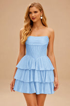 Rutipo Sky Blue A-line Sparkly Strapless Ruched Corset Ruffle Homecoming Dress