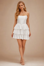 Rutipo White A-line Sparkly Strapless Ruched Corset Ruffle Homecoming Dress