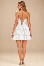 Rutipo White A-line Sparkly Strapless Ruched Corset Ruffle Homecoming Dress