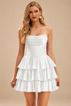 Rutipo White A-line Sparkly Strapless Ruched Corset Ruffle Homecoming Dress