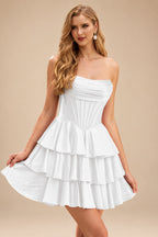 Rutipo White A-line Sparkly Strapless Ruched Corset Ruffle Homecoming Dress
