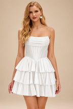 Rutipo White A-line Sparkly Strapless Ruched Corset Ruffle Homecoming Dress
