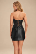Rutipo Black Strapless Sequin Beaded Corset Silk like Satin Mini Homecoming Dress