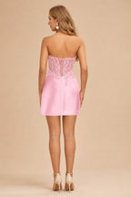 Rutipo Blushing Pink Strapless Sequin Beaded Corset Silk like Satin Mini Homecoming Dress