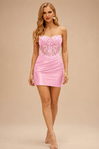 Rutipo Blushing Pink Strapless Sequin Beaded Corset Silk like Satin Mini Homecoming Dress