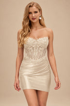 Rutipo Champagne Strapless Sequin Beaded Corset Silk like Satin Mini Homecoming Dress