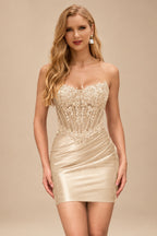 Rutipo Champagne Strapless Sequin Beaded Corset Silk like Satin Mini Homecoming Dress