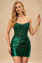 Rutipo Dark Green Strapless Sequin Beaded Corset Silk like Satin Mini Homecoming Dress
