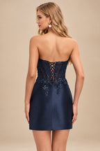 Rutipo Dark Navy Strapless Sequin Beaded Corset Silk like Satin Mini Homecoming Dress
