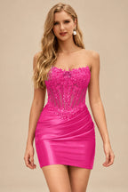 Rutipo Hot Pink Strapless Sequin Beaded Corset Silk like Satin Mini Homecoming Dress