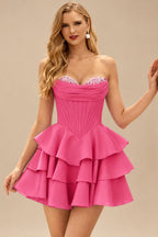 Rutipo Azalea A-line Crystal Strapless Corset Satin Tiered Ruffle Homecoming Dress