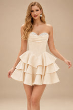 Rutipo Beige A-line Crystal Strapless Corset Satin Tiered Ruffle Homecoming Dress