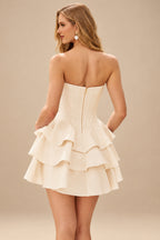 Rutipo Beige A-line Crystal Strapless Corset Satin Tiered Ruffle Homecoming Dress