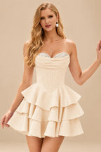 Rutipo Beige A-line Crystal Strapless Corset Satin Tiered Ruffle Homecoming Dress