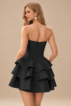 Rutipo Black A-line Crystal Strapless Corset Satin Tiered Ruffle Homecoming Dress