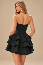 Rutipo Black A-line Crystal Strapless Corset Satin Tiered Ruffle Homecoming Dress