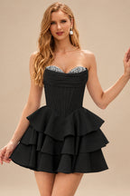 Rutipo Black A-line Crystal Strapless Corset Satin Tiered Ruffle Homecoming Dress
