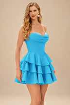Rutipo Blue A-line Crystal Strapless Corset Satin Tiered Ruffle Homecoming Dress