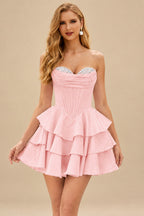 Rutipo Blush A-line Crystal Strapless Corset Satin Tiered Ruffle Homecoming Dress