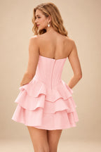 Rutipo Blush A-line Crystal Strapless Corset Satin Tiered Ruffle Homecoming Dress