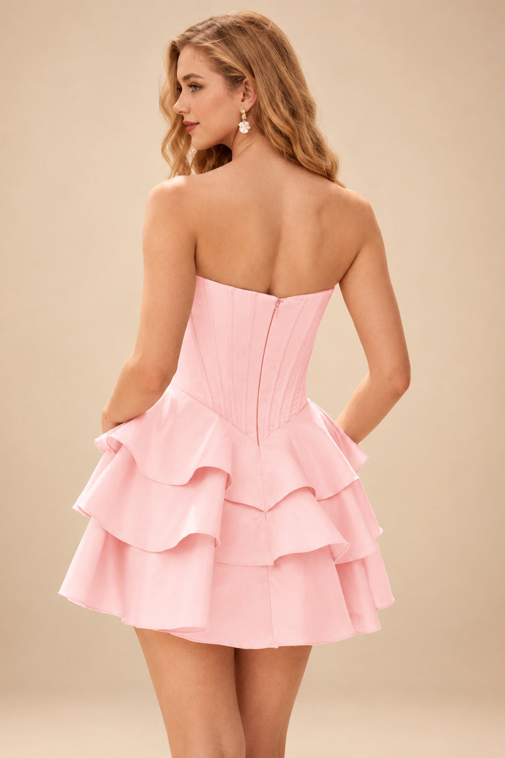 Rutipo Blush A-line Crystal Strapless Corset Satin Tiered Ruffle Homecoming Dress