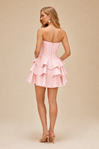 Rutipo Blush A-line Crystal Strapless Corset Satin Tiered Ruffle Homecoming Dress