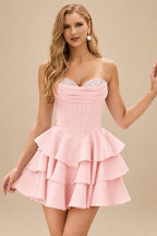 Rutipo Blush A-line Crystal Strapless Corset Satin Tiered Ruffle Homecoming Dress