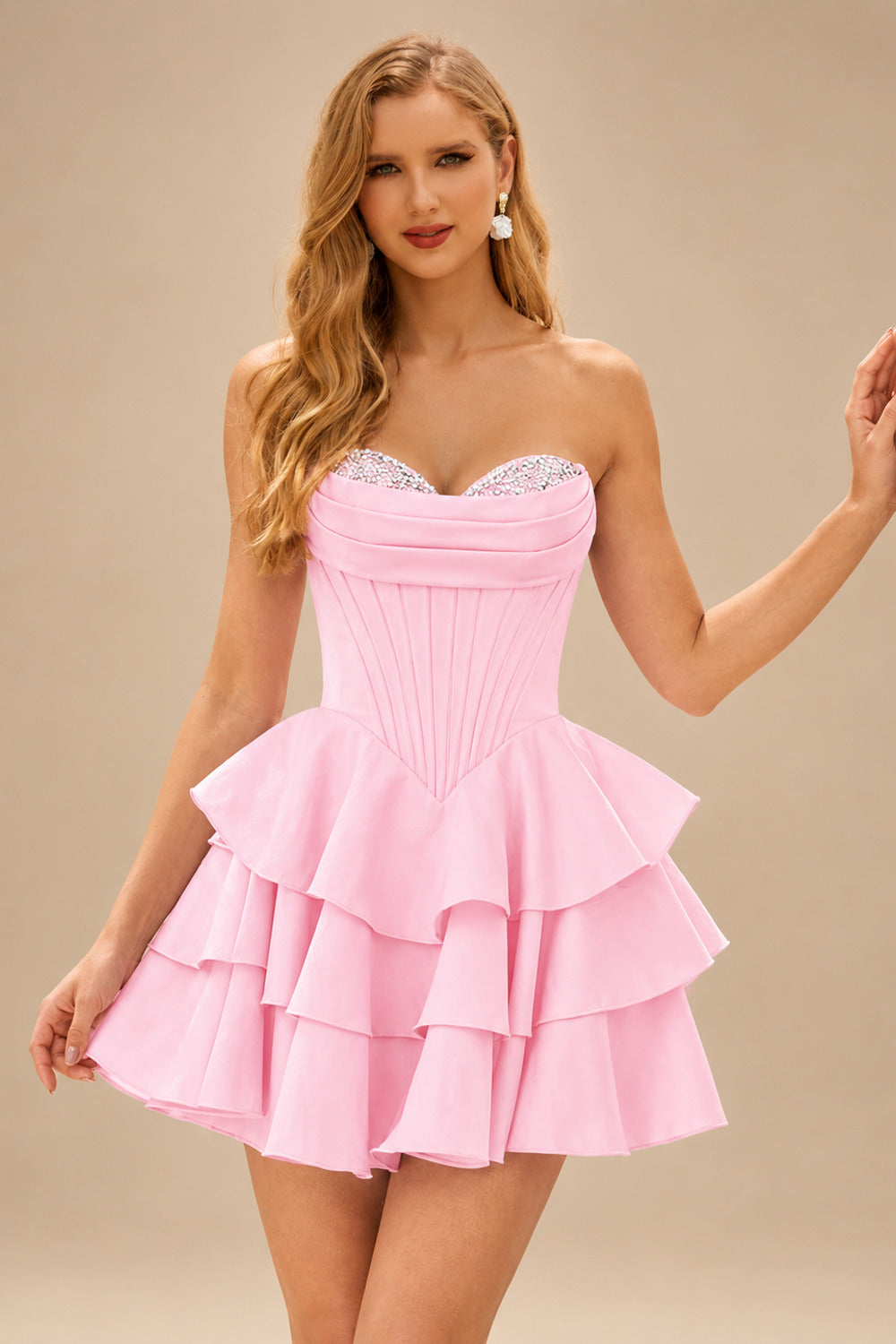 Rutipo Blushing Pink A-line Crystal Strapless Corset Satin Tiered Ruffle Homecoming Dress