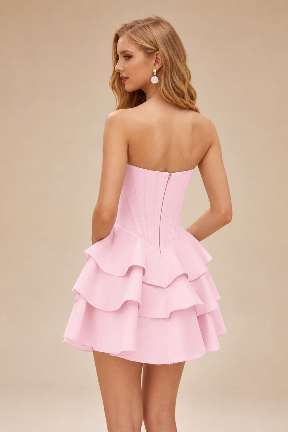 Rutipo Blushing Pink A-line Crystal Strapless Corset Satin Tiered Ruffle Homecoming Dress