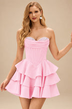 Rutipo Blushing Pink A-line Crystal Strapless Corset Satin Tiered Ruffle Homecoming Dress