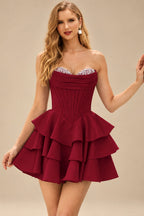 Rutipo Burgundy A-line Crystal Strapless Corset Satin Tiered Ruffle Homecoming Dress