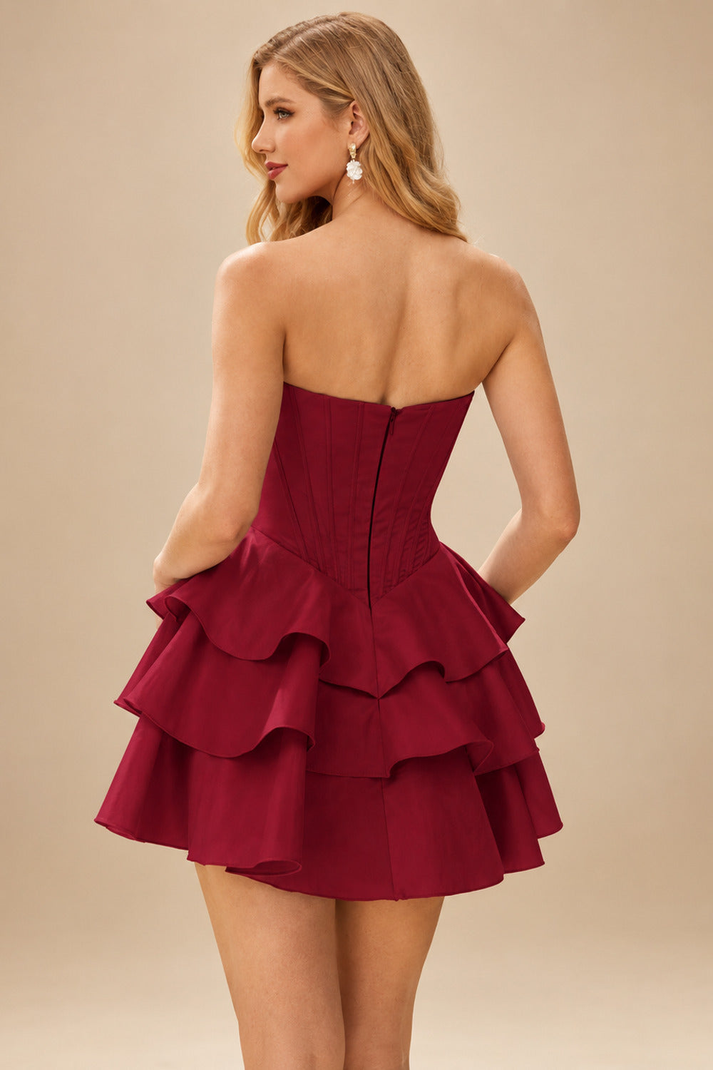 Rutipo Burgundy A-line Crystal Strapless Corset Satin Tiered Ruffle Homecoming Dress