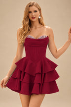 Rutipo Burgundy A-line Crystal Strapless Corset Satin Tiered Ruffle Homecoming Dress