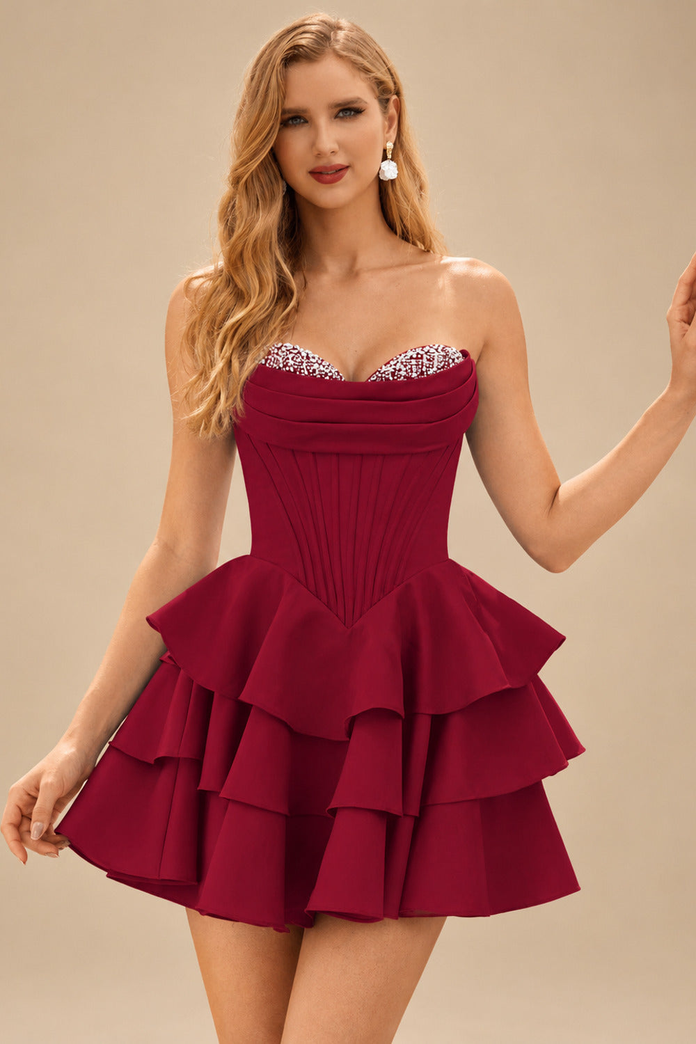 Rutipo Burgundy A-line Crystal Strapless Corset Satin Tiered Ruffle Homecoming Dress