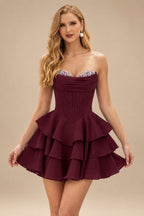 Rutipo Cabernet A-line Crystal Strapless Corset Satin Tiered Ruffle Homecoming Dress