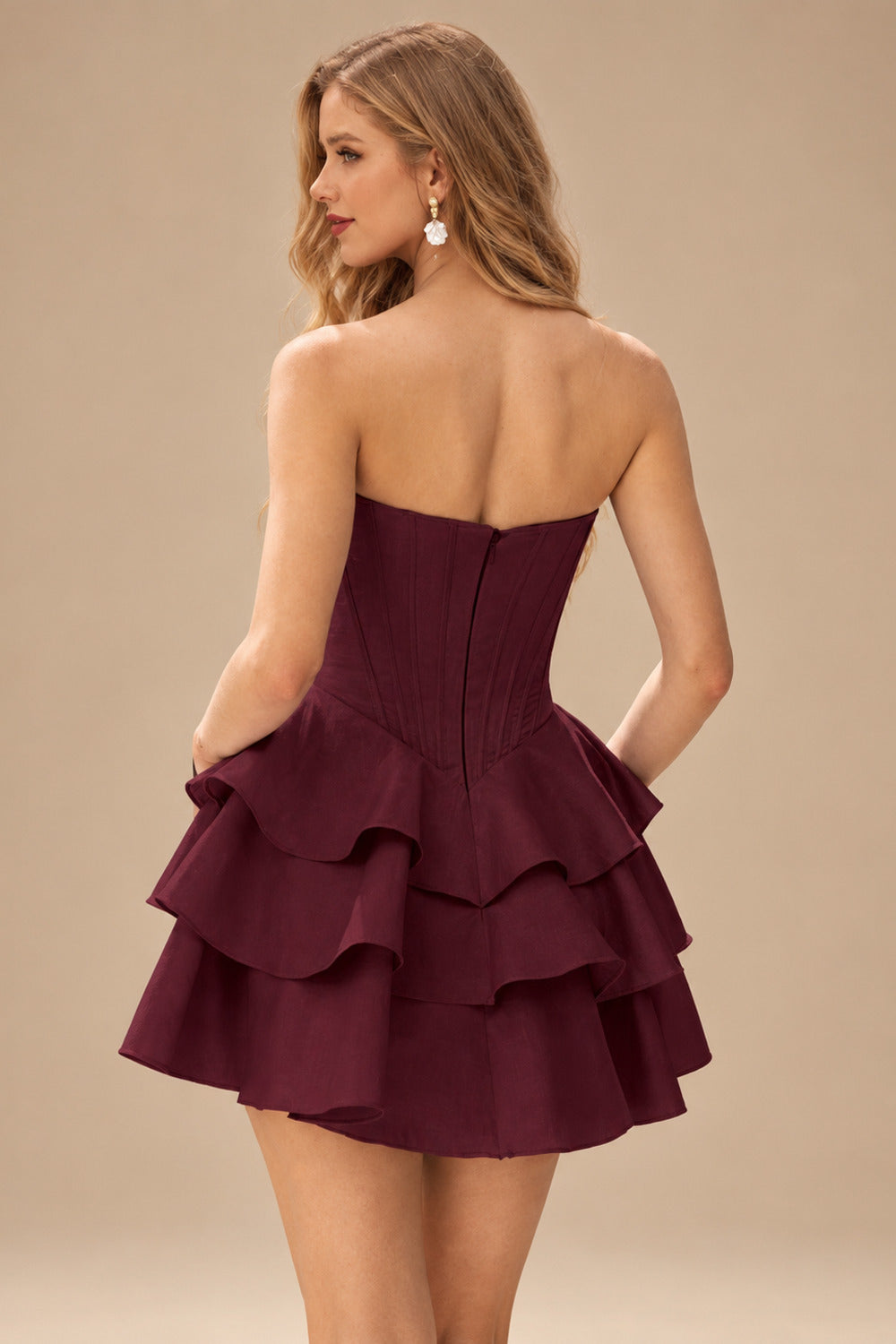 Rutipo Cabernet A-line Crystal Strapless Corset Satin Tiered Ruffle Homecoming Dress