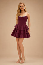 Rutipo Cabernet A-line Crystal Strapless Corset Satin Tiered Ruffle Homecoming Dress