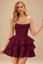 Rutipo Cabernet A-line Crystal Strapless Corset Satin Tiered Ruffle Homecoming Dress