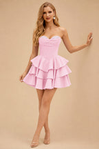 Rutipo Candy Pink A-line Crystal Strapless Corset Satin Tiered Ruffle Homecoming Dress