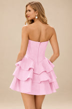 Rutipo Candy Pink A-line Crystal Strapless Corset Satin Tiered Ruffle Homecoming Dress