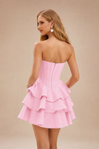 Rutipo Candy Pink A-line Crystal Strapless Corset Satin Tiered Ruffle Homecoming Dress