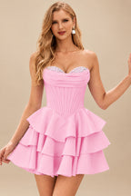 Rutipo Candy Pink A-line Crystal Strapless Corset Satin Tiered Ruffle Homecoming Dress