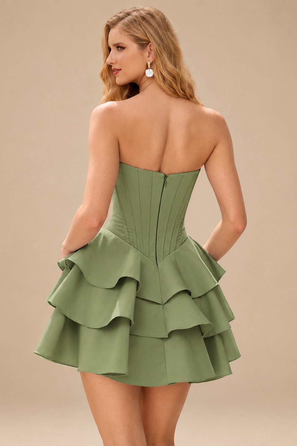 Rutipo Celadon A-line Crystal Strapless Corset Satin Tiered Ruffle Homecoming Dress
