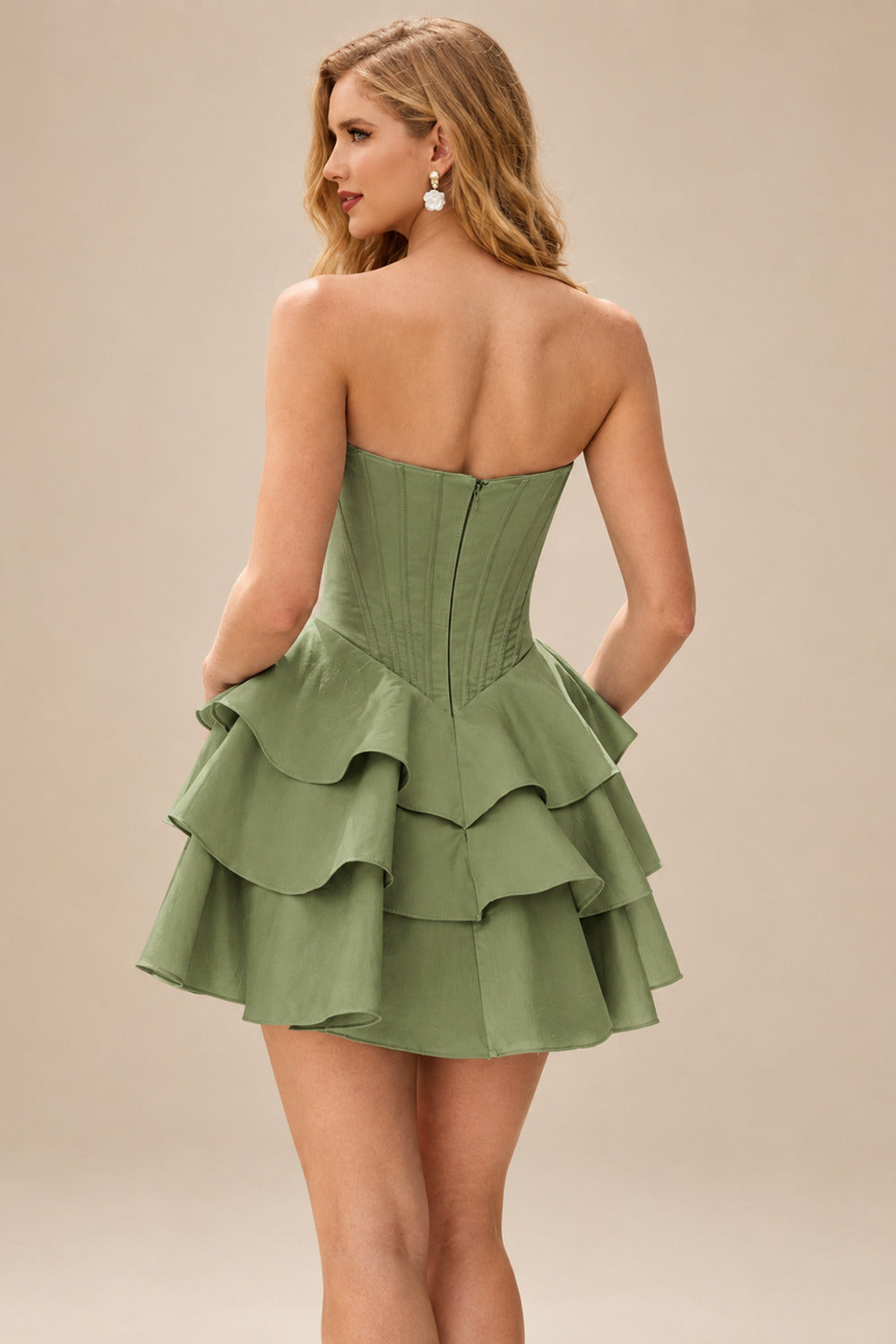 Rutipo Celadon A-line Crystal Strapless Corset Satin Tiered Ruffle Homecoming Dress