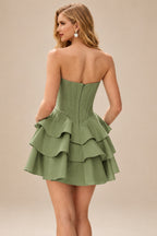 Rutipo Celadon A-line Crystal Strapless Corset Satin Tiered Ruffle Homecoming Dress