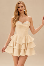Rutipo Champagne A-line Crystal Strapless Corset Satin Tiered Ruffle Homecoming Dress
