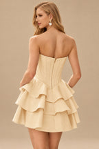 Rutipo Champagne A-line Crystal Strapless Corset Satin Tiered Ruffle Homecoming Dress