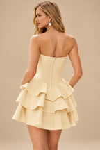 Rutipo Champagne A-line Crystal Strapless Corset Satin Tiered Ruffle Homecoming Dress