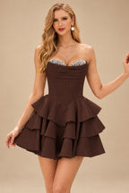 Rutipo Chocolate A-line Crystal Strapless Corset Satin Tiered Ruffle Homecoming Dress