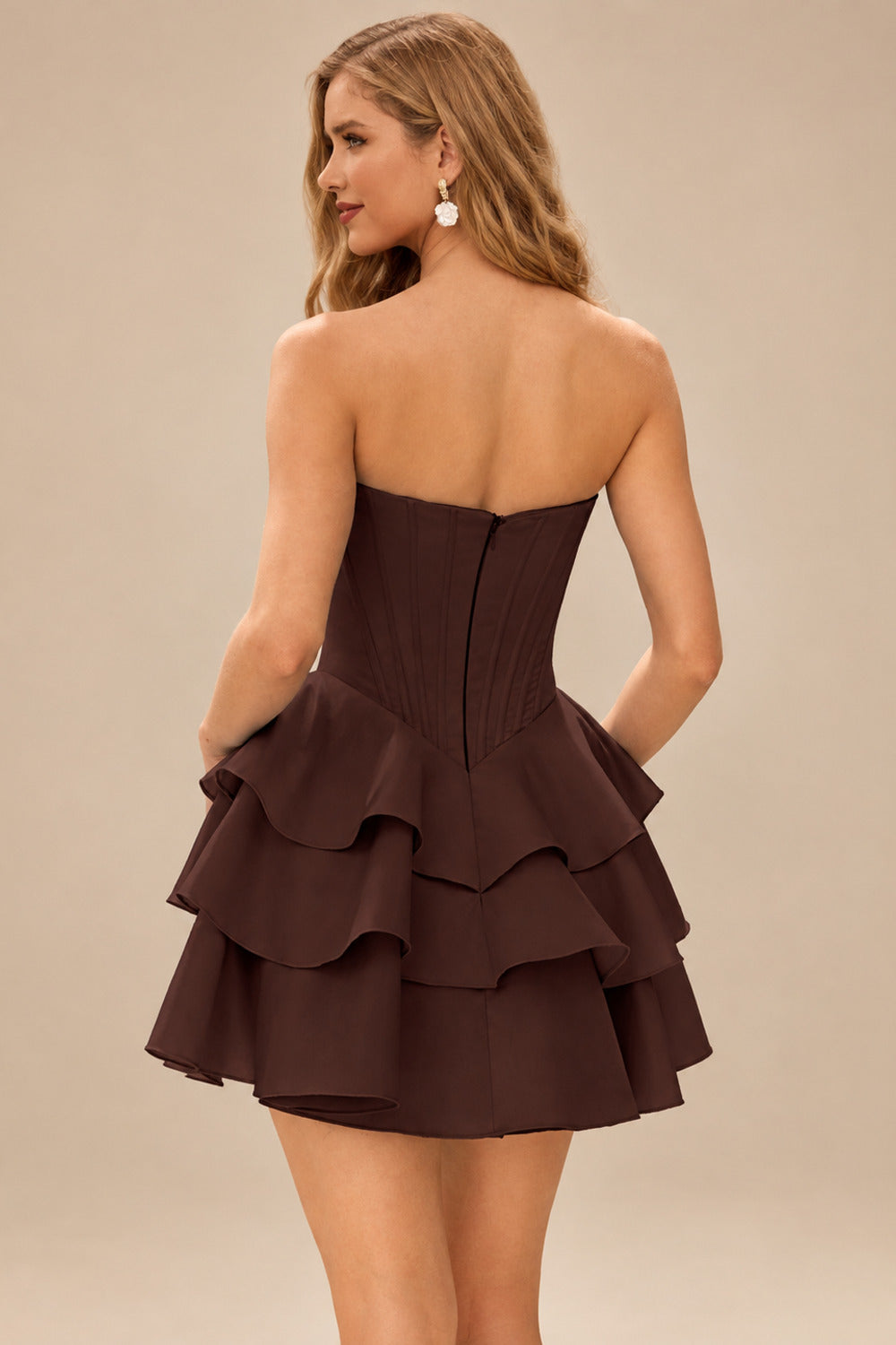 Rutipo Chocolate A-line Crystal Strapless Corset Satin Tiered Ruffle Homecoming Dress